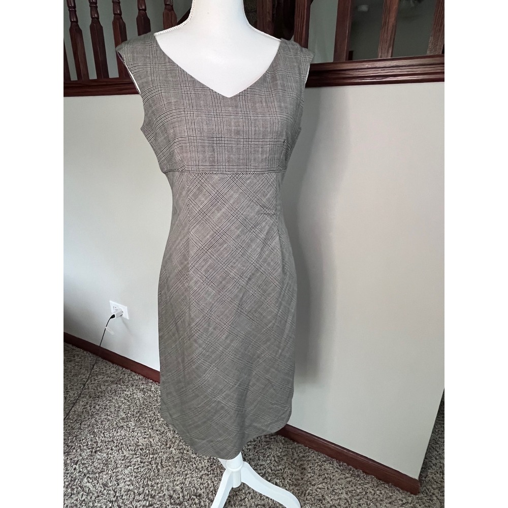 Ann Taylor Grey Glen Plaid Wool Blend V-Neck Sheath Dress Womens 4 Office Career